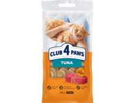  Pašaro papildas suaugusioms katėms, kreminiai skanėstai – tunas CLUB 4 PAWS Premium (4x0,015 kg), 0,06 kg