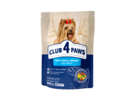 Visavertis sausas pašaras su lašiša miniatiūrinių ir mažų veislių suaugusiems šunims CLUB 4 PAWS Premium 0,9 kg