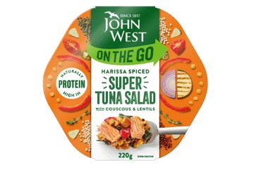 Aštrios tunų salotos JOHN WEST su kuskusu ir lęšiais, 220 g