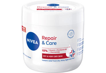 NIVEA REPAIR & CARE KREMAS VEIDUI, KŪNUI IR RANKOMS.12% GLICERINO IR VITAMINAS E, 400 ml