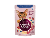 Delickcious™ „Dribsniai su antiena ir miško uogomis kreminiame padaže“ konservuotas maistas suaugusioms katėms, 80 g