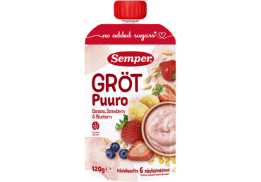 Paruošta vartoti košė SEMPER su braškėmis, bananais, nuo 6mėn., 120g