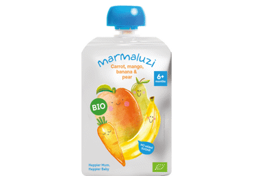 TYRELĖ Eko Morkų, mangų, bananų, kriaušių - 6 mėn 90g Pouch MARMALUZI
