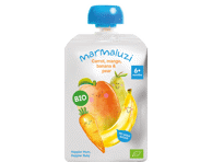 TYRELĖ Eko Morkų, mangų, bananų, kriaušių - 6 mėn 90g Pouch MARMALUZI
