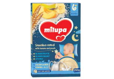 Manų košė MILUPA su bananais ir persikais (nuo 6 mėn.), 250 g