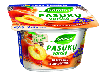 Pasukų varškė be laktozės GAMTOS  su persikais ir ispaninio šalavijais (Salvia hispanica) sėklomis (chia sėklomis) 2,3% rieb., 130 g