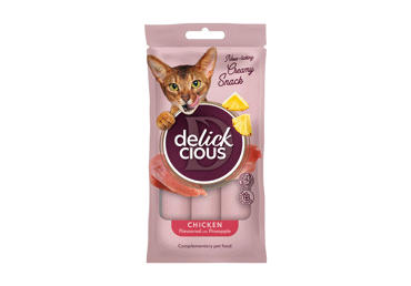 Delickcious™ kreminiai skanėstai vištienos skonio su ananasais. Pašaro papildas suaugusioms katėms, 60 gr