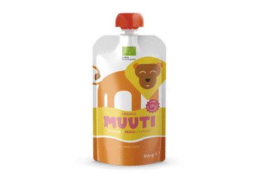 Ekologiška bananų, persikų, mangų tyrė su ryžių baltymais MUUTI 6 mėn., 110 g
