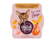 Delickcious™ Krevečių skonio sardinių sriuba moliūgais. Visavertis konservuotas pašaras suaugusioms katėms, 80 gr
