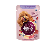 Delickcious™ „Dribsniai su ėriena ir miško uogomis kreminiame padaže“ konservuotas maistas suaugusiems šunims, 80 gr 