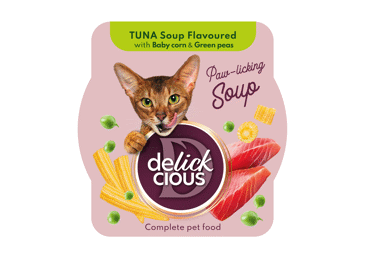 Delickcious™ Tuno skonio sriuba su mažaisiais kukurūzais ir žirneliais. Visavertis konservuotas pašaras suaugusioms katėms, 80 gr