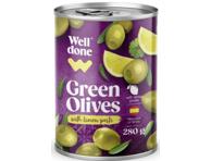 Žaliosios alyvuogės WELL DONE, įdarytos citrinų skonio pasta, 280 g