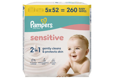 Kūdikių servetėlės PAMPERS Sensitive, Plastic Free, 5x52 vnt.