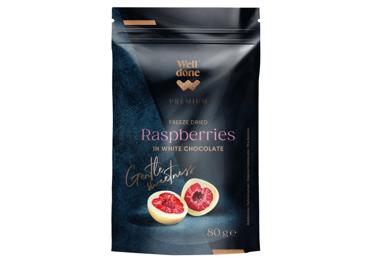 Liofilizuotos avietės baltajame šokolade WELL DONE PREMIUM, 80 g
