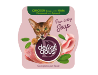 Delickcious™ Kumpio skonio vištienos sriuba su špinatais. Visavertis konservuotas pašaras suaugusioms katėms, 80 gr