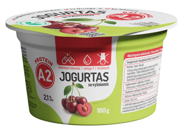 Jogurtas iš A2 pieno, be laktozės, su vyšniomis, 2,1 % rieb., 180 g - 1