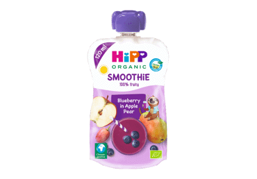 Ekolog. obuolių,kriaušių,mėlynių glotnutis HIPP nuo 12 mėn., 120 ml