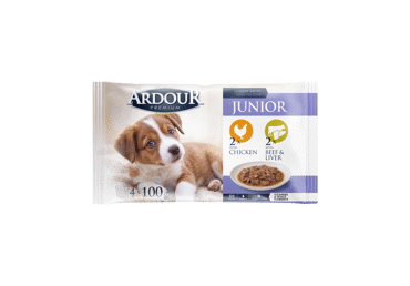 Konservuotas visavertis pašaras su vištiena ir jautienos kepenėlėms jauniems šunims ARDOUR, 400 g - 1