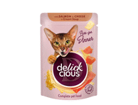 Delickcious™ „Juostelės su lašiša ir sūriu kreminėje sriuboje“ visavertis konservuotas maistas suaugusioms katėms, 85 gr 