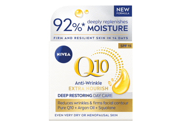 NIVEA Q10 ANTI-WRINKLE EXTRA NOURISH GILIAI ODĄ ATKURIANTIS DIENINIS KREMAS SU SPF15, 50 ml