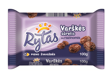 Saldus varškės sūrelis RYTAS su razinomis, 8 % rieb., 100 g