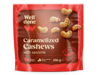 Karamelizuoti anakardžiai su sezamais WELL DONE, 150 g