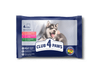 Visavertis konservuotas pašaras šuniukams su kalakutiena padaže, su vištiena drebučiuose, su antiena drebučiuose CLUB 4 PAWS Premium. (4 х 0,085), 0,34 kg