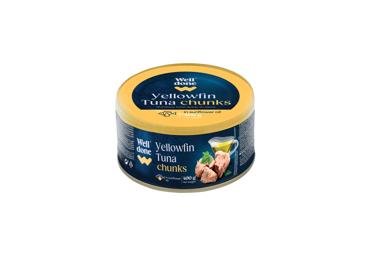 Gelsvauodegių tunų gabaliukai saulėgrąžų aliejuje. WELL DONE, 400 g