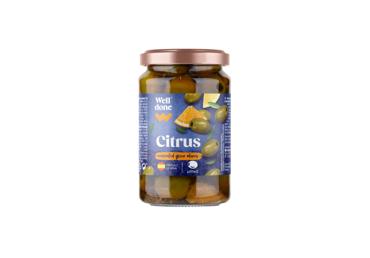 Konservuotos žaliosios alyvuogės WELL DONE citrusinių vaisių marinate (be kauliukų), 340 g