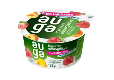 Ekologiškas jogurtas be laktozės su abrikosais ir braškėmis AUGA, 3,5 % rieb., 125 g