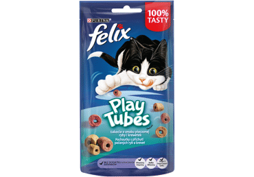 Kačių skanėstas FELIX PLAY TUBES su žuvimi ir kepenėlėmis, 50 g