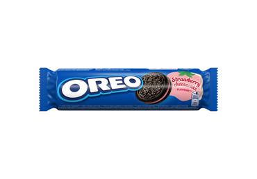 Kakaviniai sausainiai OREO su braškinio sūrio pyrago įdaru, 154 g