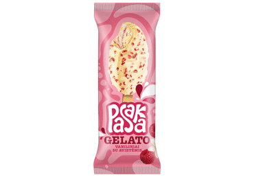 Vaniliniai grietininiai ledai PASAKA GELATO su aviečių įdaru ir jogurtiniu glaistu su aviečių gabaliukais, 82 g