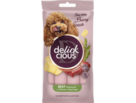 Pašaro papildas suaugusiems šunims DELICKCIOUS™ kreminiai skanėstai – jautiena pagardinta sūriu ir smidrais (4x0,015 kg), 0,06 kg