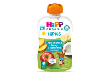 Ekol.obuol.bananų tyrelė HIPP su kokosų pienu,aviž.(6+ mėn.), 100 g