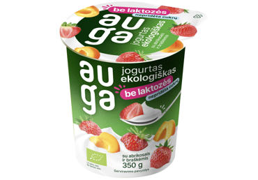 Ekologiškas jogurtas be laktozės su abrikosais ir braškėmis AUGA, 3,5 % rieb., 350 g