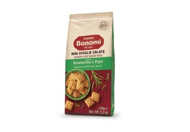 Sluoksniuotos tešlos užkandžiai FORNO BONOMI, su rozmarinu ir pipirais, 150 g