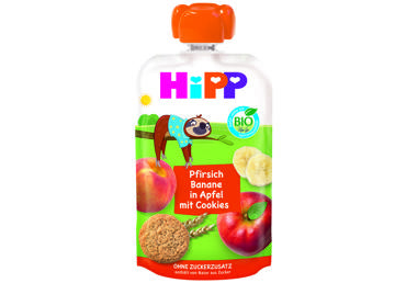 Obuolių, persikų ir bananų tyrelė HIPP su sausain.(12+ mėn.), 100 g