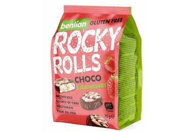 Ryžių užkandis su braškių skonio glaistu ROCKY ROLLS, 70 g