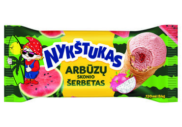 Arbūzų skonio šerbetas NYKŠTUKAS su kertuočių (Drakono vaisių) įdaru vafliniame puodelyje, 84 g