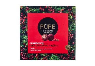 Pieninio šokolado PURE CHOCOLATE triufeliai su spanguolių kremo įdaru, 120 g