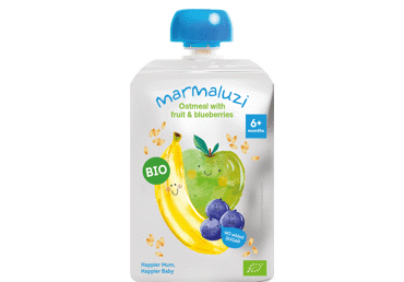 KOŠĖ Eko Obuolių, mėlynių, bananų, avižų - 6 mėn 90g Pouch MARMALUZI