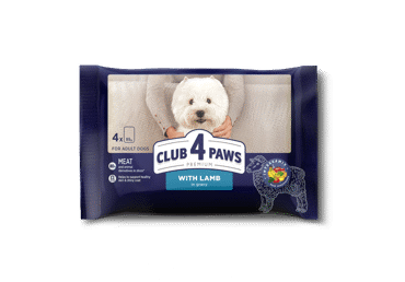 Club 4 Paws Premium su ėriena padaže. Visavertis konservuotas pašaras suaugusiems mažų veislių šunims, 4 x 85 g