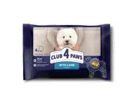 Club 4 Paws Premium su ėriena padaže. Visavertis konservuotas pašaras suaugusiems mažų veislių šunims, 4 x 85 g