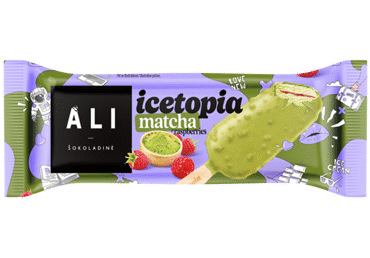 Grietininiai ledai ICETOPIA, mačios skonio su aviečių įdaru, 63 g