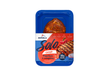 Sausai marinuotas kiaulienos sprandinės kepsnys svogūnų ir paprikų marinate, 200 g