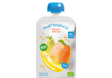 KOŠĖ Eko Mangų, bananų, kriaušių, avižų - 6 mėn 90g Pouch MARMALUZI