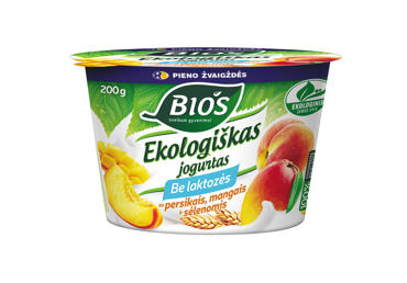 Ekologiškas jogurtas be laktozės BIOS su persikais, mangais ir sėlenomis, 3,1% rieb., 200 g