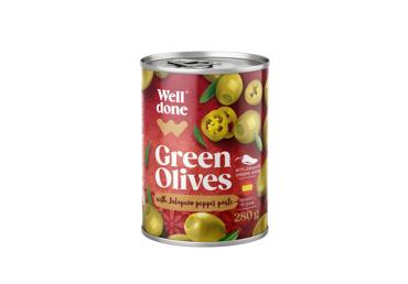 Žaliosios alyvuogės WELL DONE su Chalapos paprikomis, 280 g
