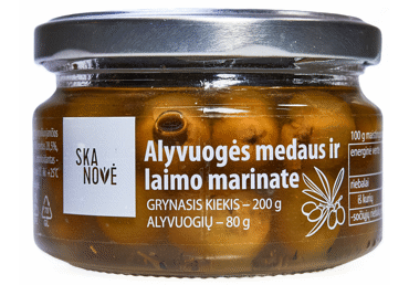 Alyvuogės SKANOVĖ medaus ir žaliųjų citrinų marinate, 200 g